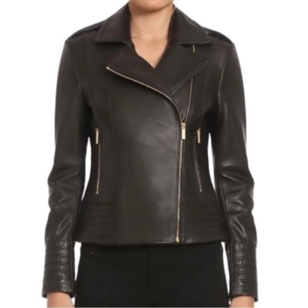 Badgley Mischka Gia Leather Jacket Moto Asymmetrical Gold Zipper Trapunto Cuffs